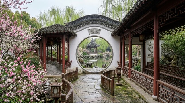 Spring Scenery in Suzhou Garden with Blooming Flowers and Moon Gate