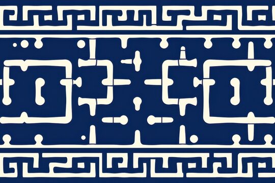 A geometric tribal border design of repeating, interlocking Greek key motifs creating a continuous, intricate maze pattern in bold navy and white.