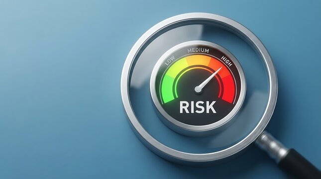 Magnifying glass over a risk gauge meter on blue background