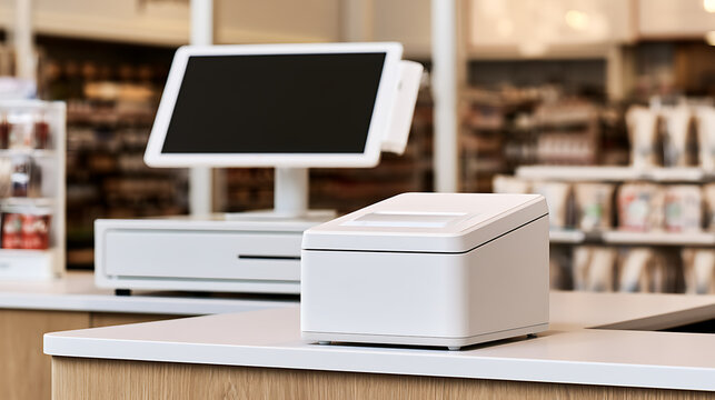 Modern electronic point of sale terminal with cash drawer and receipt printer on counter inside retail store for business transactions