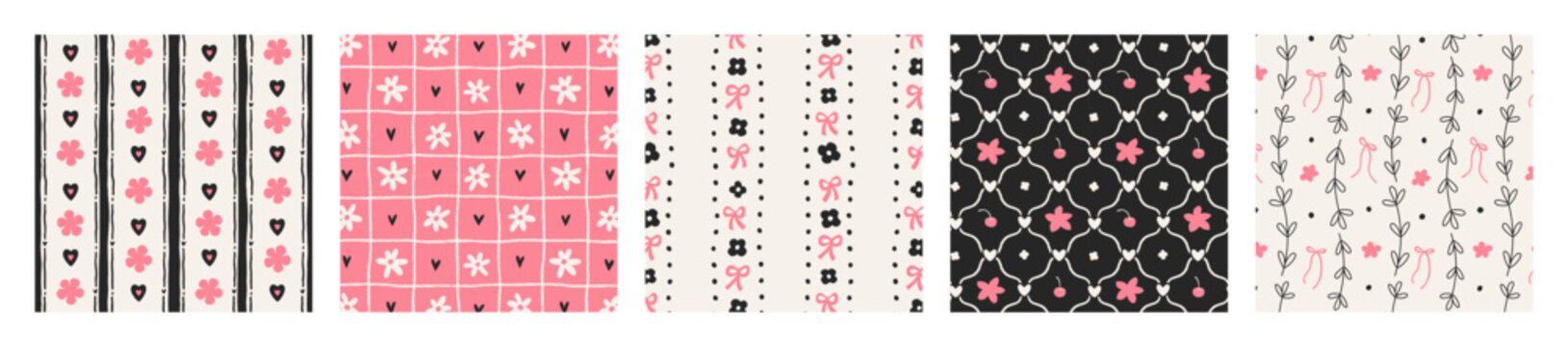 Cute seamless patterns, simple floral backgrounds with ribbon bows, spring flowers, hearts. Seamless floral patterns, girly backgrounds with coquette bows, stripes, pink daisies. Vector illustrations