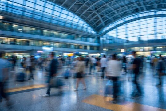 웅장하고 현대적인 기차역 및 공항 터미널 플랫폼을 배경으로 이동하는 사람들의 모습을 담은 블러(Blur) 효과의 역동적인 풍경
