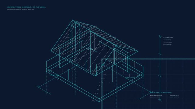 Abstract digital 3d architectural model construction, data points forming building structure, blue and white lights on dark background, technology concept