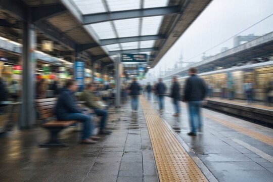 웅장하고 현대적인 기차역 및 공항 터미널 플랫폼을 배경으로 이동하는 사람들의 모습을 담은 블러(Blur) 효과의 역동적인 풍경
