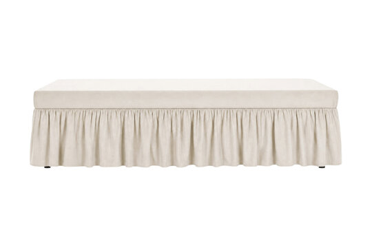 Simple beige upholstered bed base with a pleated skirt is presented on a clean white background