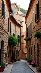 Fototapeta premium Village streets lined with ancient stone buildings, rustic charm, ancient architecture