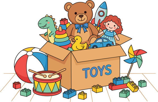 Cardboard toy box full of children toys featuring teddy bear doll dinosaur blocks drum and ball vector illustration