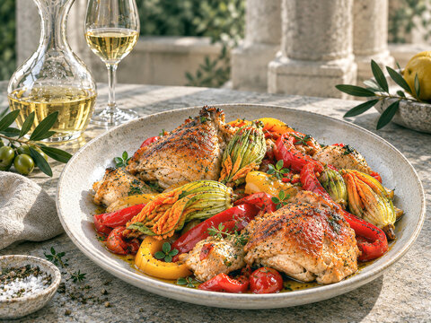 Ein italienisches rustikales Gericht mit H&auml;hnchen, Paprika und Zucchinibl&uuml;ten auf einem Steintisch im Freien - Pollo con i peperoni e con fiori di zucca