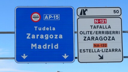 A directional road sign on the AP-15 motorway in Spain, indicating the directions to Tudela, Zaragoza, and Madrid, as well as exit 50 to Tafalla, Olite, and Zaragoza.September 15, 2026 © GenadiyGM