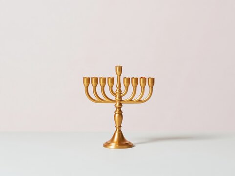 Hanukkah menorah with a polished brass finish and soft patina, isolated on a white background with copy space for greeting cards