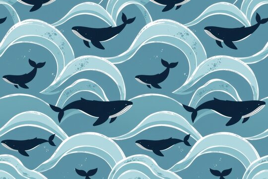A boho coastal pattern of minimalist, hand drawn whale tails diving into abstract, curved wave lines in soft slate blue.