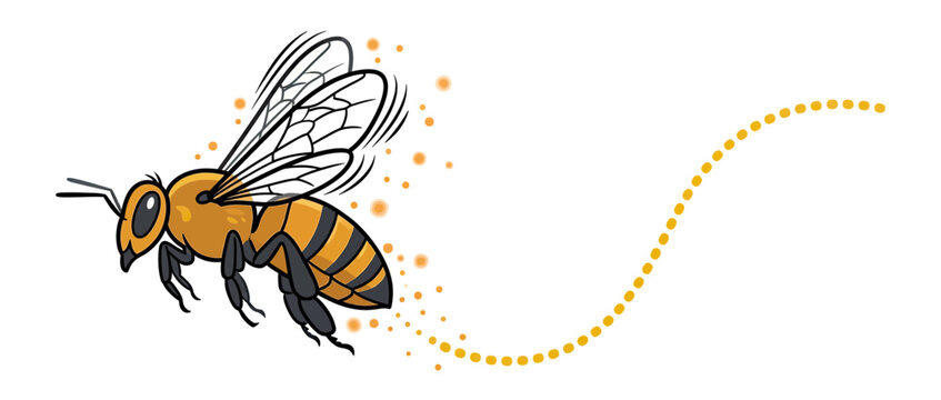 Cartoon bee flying with pollen trail isolated