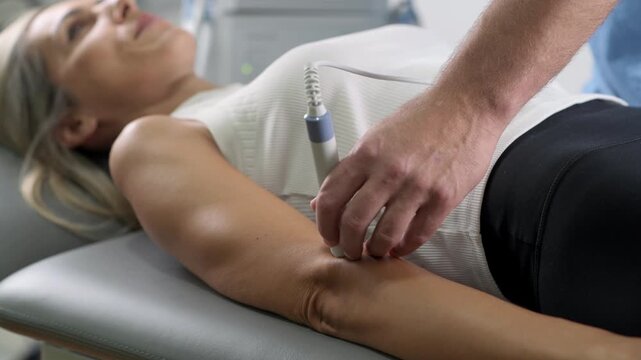 Physiotherapist performing therapeutic ultrasound treatment on a patient&rsquo;s arm near the elbow as part of a physical rehabilitation and recovery session.
