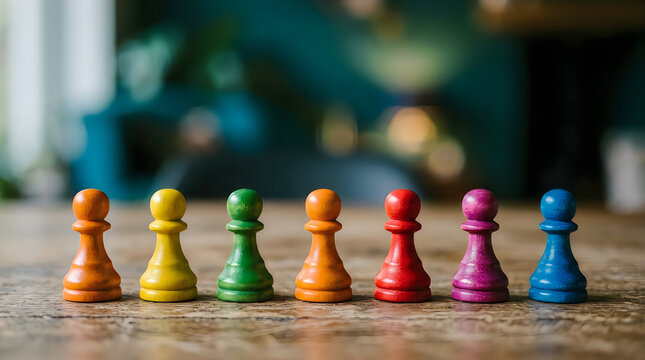 Colorful game pawns arranged in a row for world aids day awareness