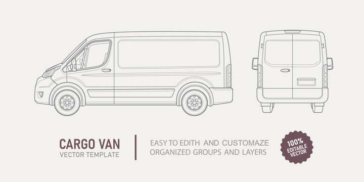 Cargo van technical line drawing with side and rear view. Editable blueprint template for automotive design, vehicle illustration and transport projects