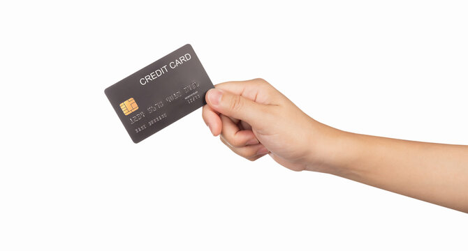 Hand hold credit card isolated on white background.