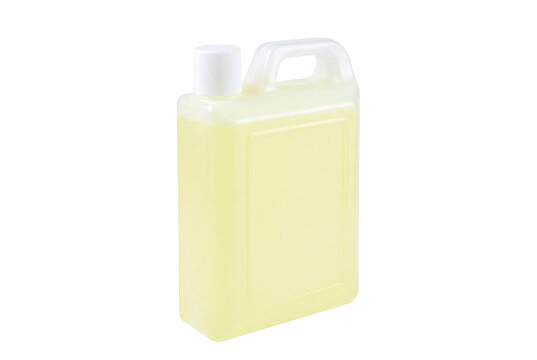 Translucent plastic container filled with pale yellow liquid