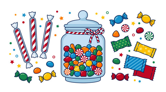 Colorful candy jar with assorted sweets and wrapped treats