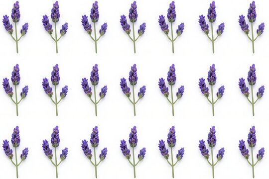 A minimalist botanical repeating pattern of tiny, identical sprigs of lavender arranged in a perfect polka dot grid on a white background.