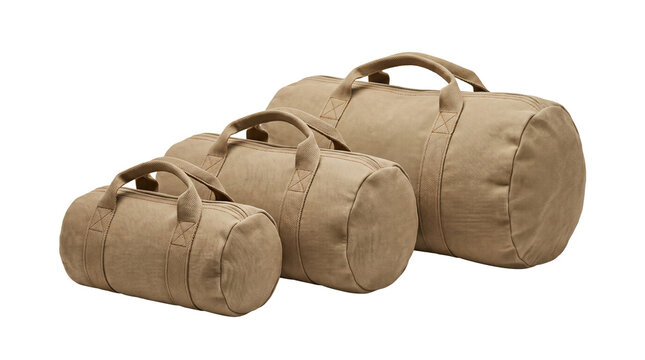 Set of Three Brown Canvas Duffle Bags in Various Sizes for Gym Travel Isolated