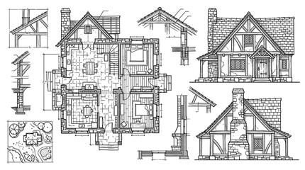 Fototapeta premium Detailed Medieval Cottage Architectural Concept Drawing with Floor Plan and Elevations Isolated on Transparent background png