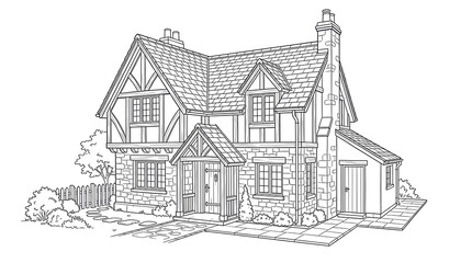 Obraz premium Charming rustic cottage house line art illustration, isolated on transparent background png, perfect for coloring books or architectural design