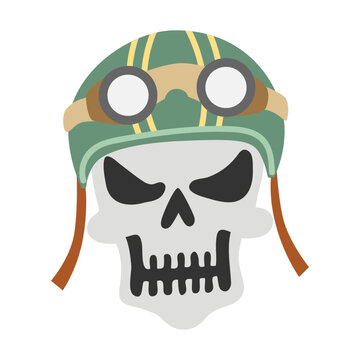 An evil skull in a motorcycle helmet. Hand drawn vector flat. Skeleton, bones. Headgear. Motocross. Vectorian steampunk style. Color illustration.