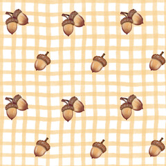 Watercolor Acorn Pattern on Beige Plaid with Cutout Paper Texture © Halyna
