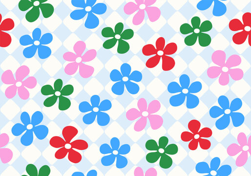 Playful Colorful Flower Pattern with Pastel Diamond Background