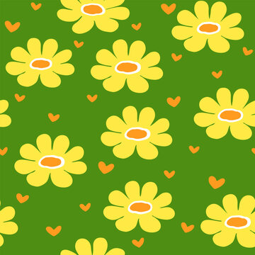 Happy Yellow Flower and Tiny Heart Pattern on Green