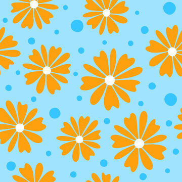 Retro Orange Flower Pattern on Light Blue Background