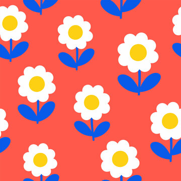 Bold Daisy Floral Pattern with Blue Leaves on Coral Background
