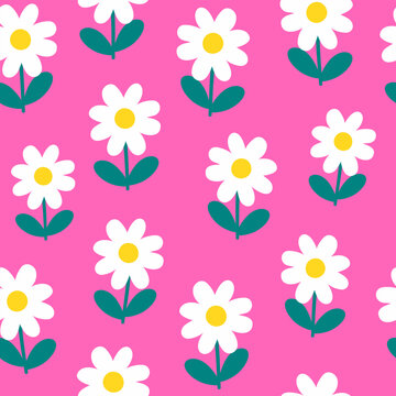 Cute White Daisy Pattern on Bright Pink Background