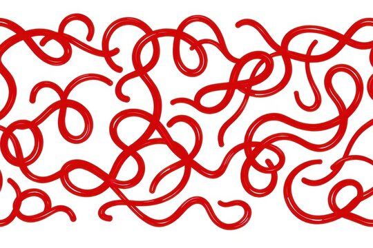 A seamless doodle pattern of continuous, abstract squiggles and loops resembling tangled yarn in bright red ink on a white background.