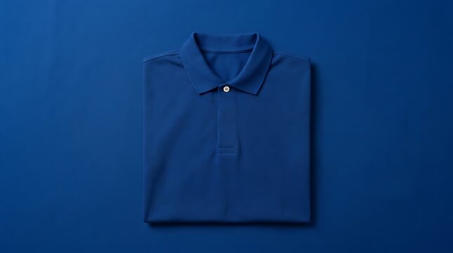 A clean folded blue polo shirt with a button presented on a matching blue background