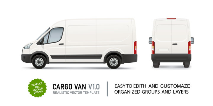 High roof cargo van vector mockup with side and rear view. Editable delivery vehicle template for branding, fleet wraps, transport graphics and advertising design