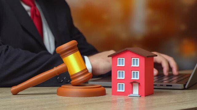 House and judges gavel. Court decision on housing and real estate. Judicial rulings affect property rights and ownership disputes. Legal outcomes influence developers, homeowners and investors.