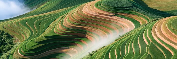 Fototapeta premium Terraced rice fields on rolling hillside with mist and contour lines