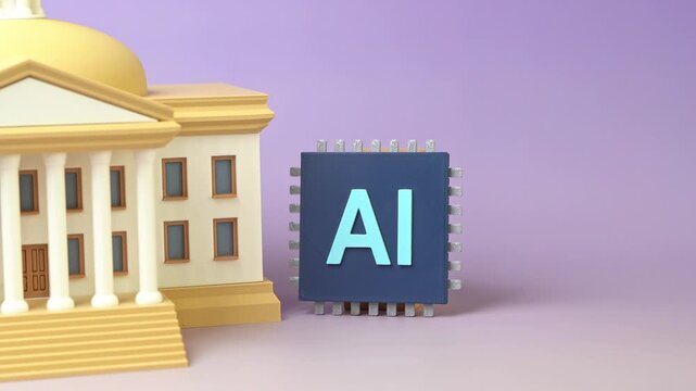 Government building and AI chip. AI technologies in public administration. Reducing bureaucracy and increasing government efficiency. State governance and control over the work of officials.