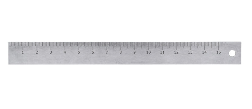 Silver metallic ruler, 15 centimeters long, with clear black markings and a small hole on the right, isolated on a clean white background