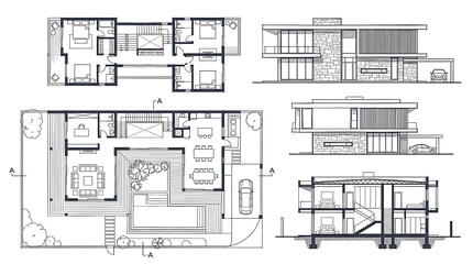 Fototapeta premium Modern House Architectural Blueprints and Floor Plans Collection Isolated on Transparent background png Vector Illustration