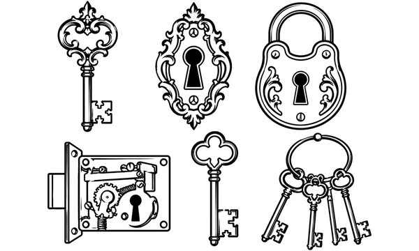 Set of vintage keys and locks line art illustration