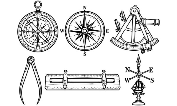 Vintage navigation tools and nautical compass icons set