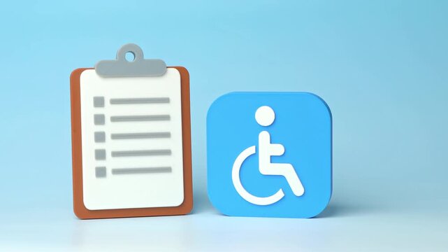 Disability symbol and a list of criteria for determining disability status and eligibility for payments and benefits. Assessment rules define access to social protection.