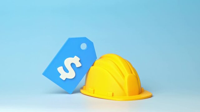 A dollar price tag and a plot of land with a hard hat. Construction budget. Funding a building project, estimating costs and managing expenses on a busy job site.