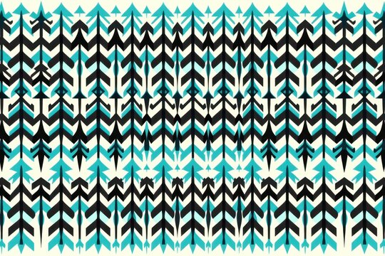 A tribal geometric seamless pattern featuring dense, repeating rows of sharp, interlocking arrowheads in vibrant turquoise, black, and white.
