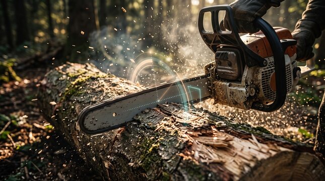 a worker using a chainsaw to cut a log in the forest with flying sawdust