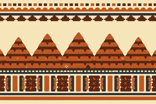 A geometric tribal border pattern of thick, interlocking stepped pyramids and bold vertical stripes in earthy shades of terracotta and charcoal.