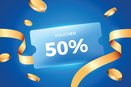 3d voucher blue flying with golden ribbon and money. Online shopping promotion banner.