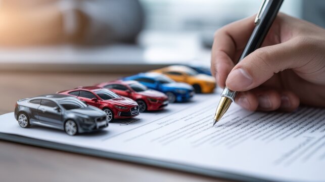 Hand holding pen signing a car lease agreement with miniature toy cars. Business concept for auto insurance.